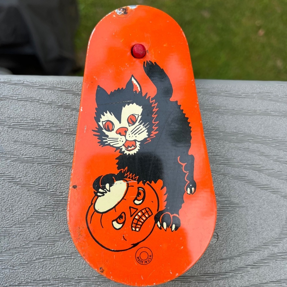 Vintage 1940s Halloween Tin Litho Noisemaker Set Black Cat Pumpkin Bell Clapper - Picture 10 of 11